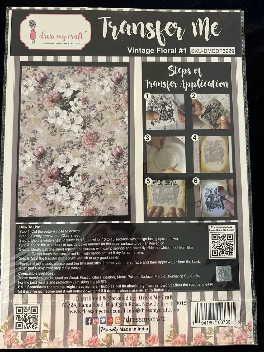 New Sealed Dress My Craft Transfer Me Vintage Floral #1 Flower Floral Dip In H2O
